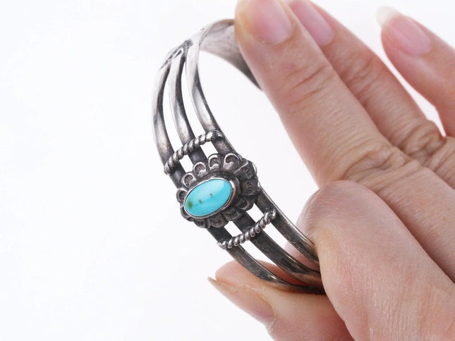 6.625" 30's-40's Navajo Hand stamped silver and turquoise bracelet v - Estate Fresh Austin
