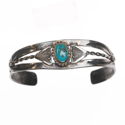 6.625" 30's-40's Navajo hand stamped silver cuff bracelet with turquoise - Estate Fresh Austin