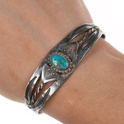 6.625" 30's-40's Navajo hand stamped silver cuff bracelet with turquoise - Estate Fresh Austin