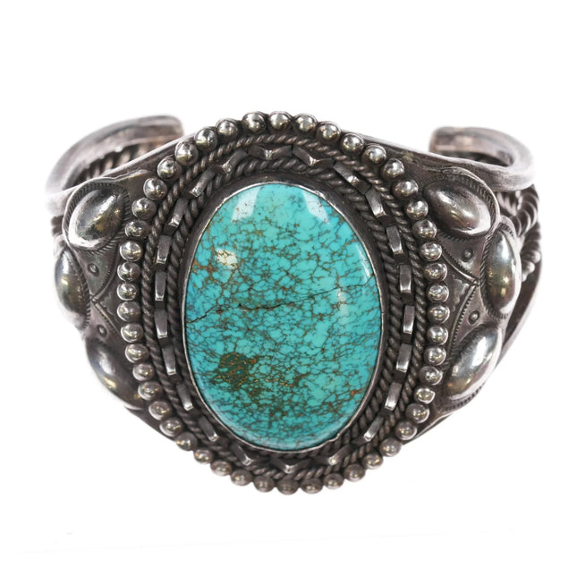 6.625" 30's-40's Navajo silver Lone Mountain turquoise large cuff bracelet - Estate Fresh Austin