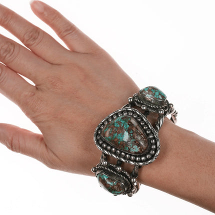 6.625" 40's-50's Huge twisted wire high grade quartz turquoise cuff bracelet - Estate Fresh Austin