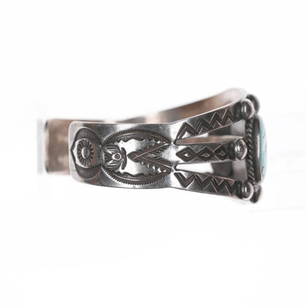 6.625" 40's-50's Navajo Hand stamped silver triple turquoise cuff bracelet - Estate Fresh Austin