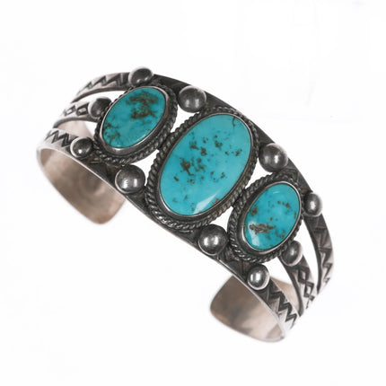 6.625" 40's-50's Navajo Hand stamped silver triple turquoise cuff bracelet - Estate Fresh Austin