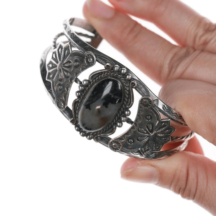 6.625" 40's-50's Navajo silver & agate cuff bracelet - Estate Fresh Austin