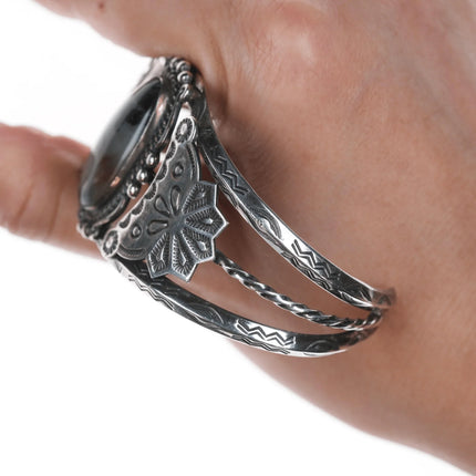 6.625" 40's-50's Navajo silver & agate cuff bracelet - Estate Fresh Austin