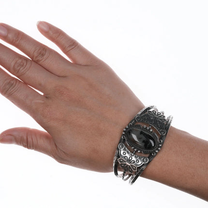 6.625" 40's-50's Navajo silver & agate cuff bracelet - Estate Fresh Austin