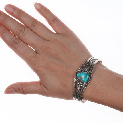 6.625" 40's-50's Navajo stamped silver and turquoise cuff bracelet - Estate Fresh Austin