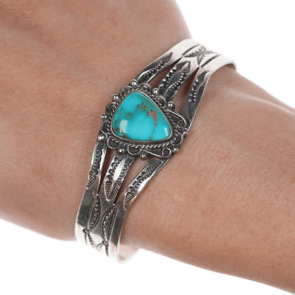 6.625" 40's-50's Navajo stamped silver and turquoise cuff bracelet - Estate Fresh Austin