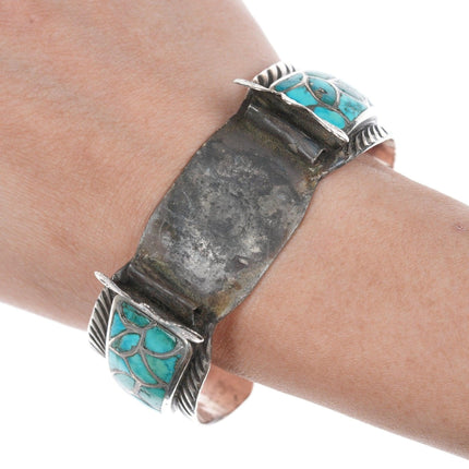 6 5/8" 40's - 50's Zuni Fish scale turquoise silver watch bracelet - Estate Fresh Austin