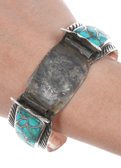 6 5/8" 40's - 50's Zuni Fish scale turquoise silver watch bracelet - Estate Fresh Austin