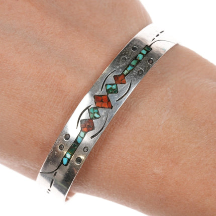 6.625" C Navajo vintage Chip inlay sterling cuff bracelet - Estate Fresh Austin