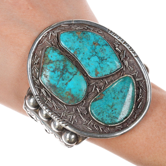 6 5/8" c1950's Large Native American sterling cuff bracelet with turquoise - Estate Fresh Austin