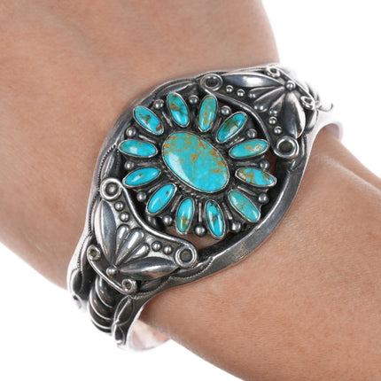 6.625" c1950's Navajo sterling high grade turquoise cluster cuff bracelet - Estate Fresh Austin