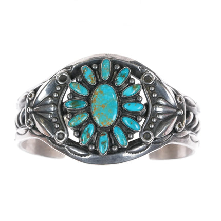 6.625" c1950's Navajo sterling high grade turquoise cluster cuff bracelet - Estate Fresh Austin