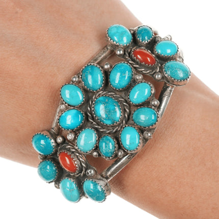 6.625" c1970's JB Native American sterling turquoise and coral cluster cuff bracelet - Estate Fresh Austin