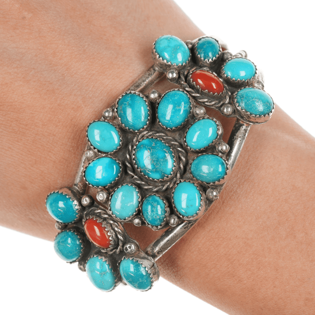 6 5/8" c1970's JB Native American sterling turquoise and coral cluster cuff bracelet - Estate Fresh Austin