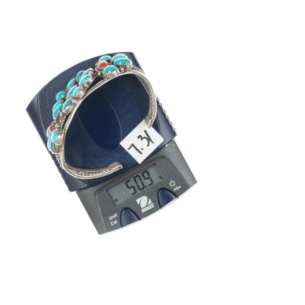 6.625" c1970's JB Native American sterling turquoise and coral cluster cuff bracelet - Estate Fresh Austin
