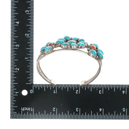 6.625" c1970's JB Native American sterling turquoise and coral cluster cuff bracelet - Estate Fresh Austin