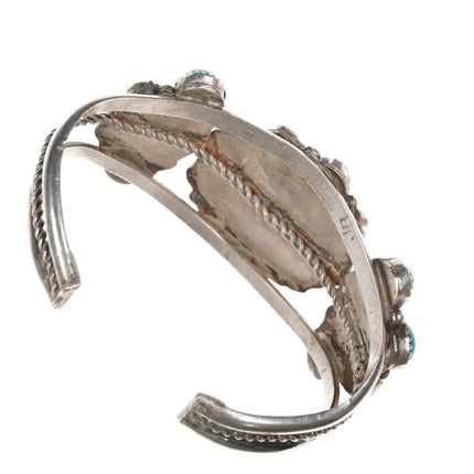 6.625" c1970's JB Native American sterling turquoise and coral cluster cuff bracelet - Estate Fresh Austin