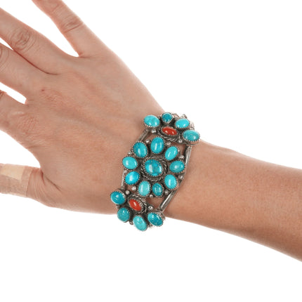 6.625" c1970's JB Native American sterling turquoise and coral cluster cuff bracelet - Estate Fresh Austin