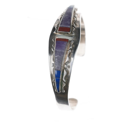 6.625" DH Sterling, charoite, lapis, and coral cuff bracelet - Estate Fresh Austin