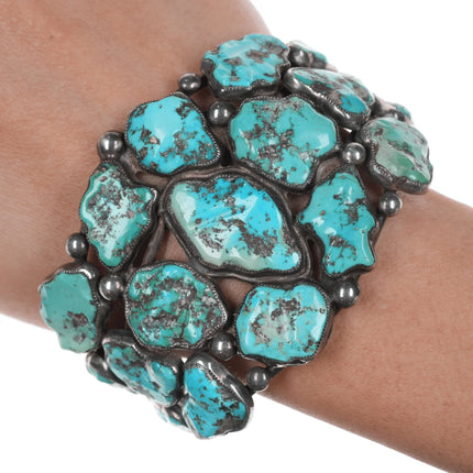 6.625" Early Zuni Ingot silver carved turquoise cuff bracelet - Estate Fresh Austin