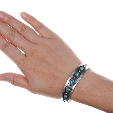 6.625" High Grade Turquoise Vintage Native American silver row cuff bracelet - Estate Fresh Austin