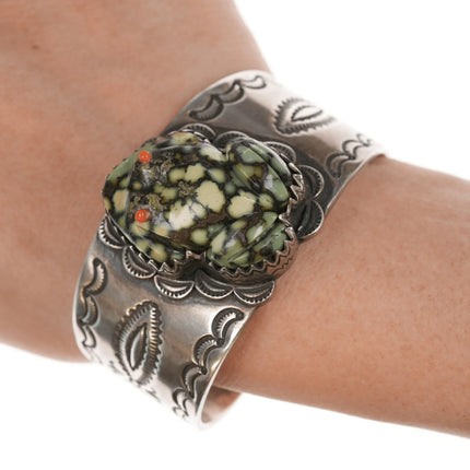 6.62" Lester Jackson Navajo Carved Variscite Frog sterling silver cuff bracelet - Estate Fresh Austin