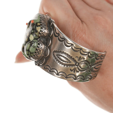 6.62" Lester Jackson Navajo Carved Variscite Frog sterling silver cuff bracelet - Estate Fresh Austin