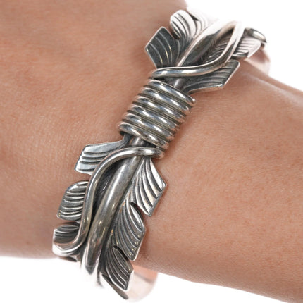 6.625" Mike Thomas Jr Navajo heavy sterling feather cuff bracelet - Estate Fresh Austin