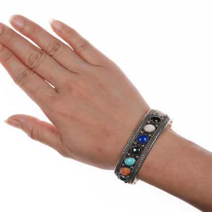 6.625" Richard Begay Navajo silver multi-stone cuff bracelet - Estate Fresh Austin
