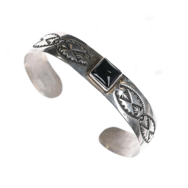 6.625" Tom Sam Navajo hand stamped sterling and onyx cuff bracelet - Estate Fresh Austin