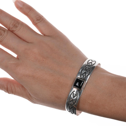6.625" Tom Sam Navajo hand stamped sterling and onyx cuff bracelet - Estate Fresh Austin