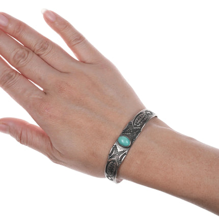 6.625" Vintage Heavy stamped silver cuff bracelet with turquoise - Estate Fresh Austin