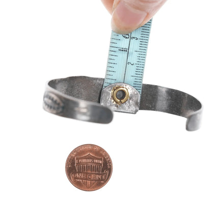 6.625" Vintage Heavy stamped silver cuff bracelet with turquoise - Estate Fresh Austin