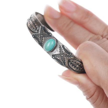 6.625" Vintage Heavy stamped silver cuff bracelet with turquoise - Estate Fresh Austin