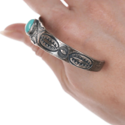 6.625" Vintage Heavy stamped silver cuff bracelet with turquoise - Estate Fresh Austin