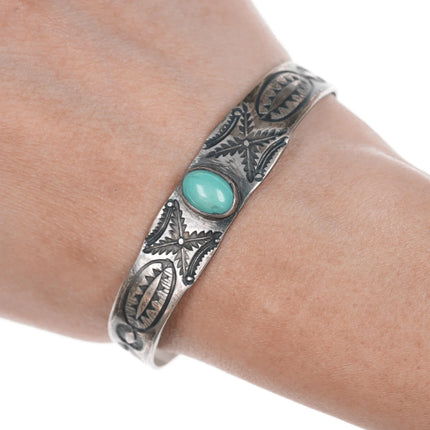 6.625" Vintage Heavy stamped silver cuff bracelet with turquoise - Estate Fresh Austin