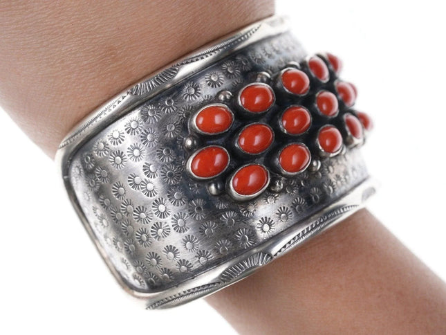 6.625" Vintage Native American Silver and Mediterranean coral bracelet - Estate Fresh Austin
