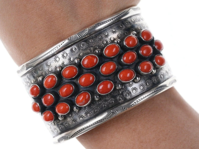 6.625" Vintage Native American Silver and Mediterranean coral bracelet - Estate Fresh Austin