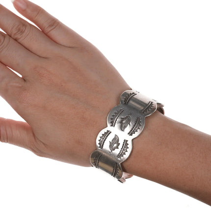 6.625" Vintage Native American silver heavy stamped cuff bracelet - Estate Fresh Austin
