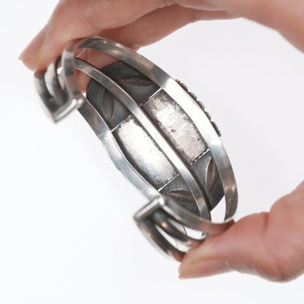 6.625" Vintage Navajo Hand stamped silver repousse cuff bracelet with turquoise - Estate Fresh Austin