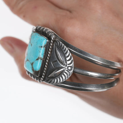 6.625" Vintage Navajo Hand stamped silver repousse cuff bracelet with turquoise - Estate Fresh Austin