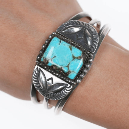 6.625" Vintage Navajo Hand stamped silver repousse cuff bracelet with turquoise - Estate Fresh Austin