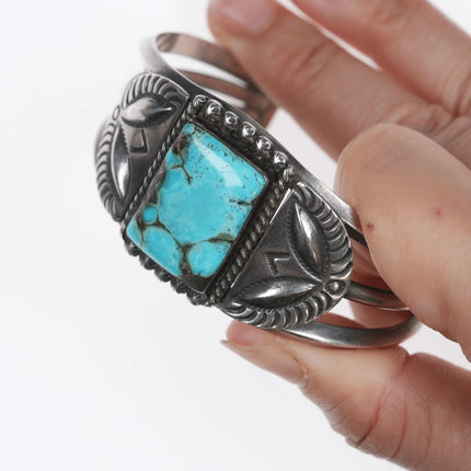 6.625" Vintage Navajo Hand stamped silver repousse cuff bracelet with turquoise - Estate Fresh Austin
