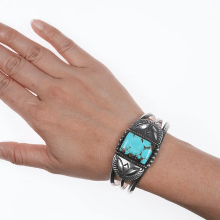 6.625" Vintage Navajo Hand stamped silver repousse cuff bracelet with turquoise - Estate Fresh Austin