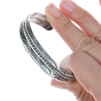 6.625" Vintage Navajo hand stamped silver twisted wire bracelet - Estate Fresh Austin