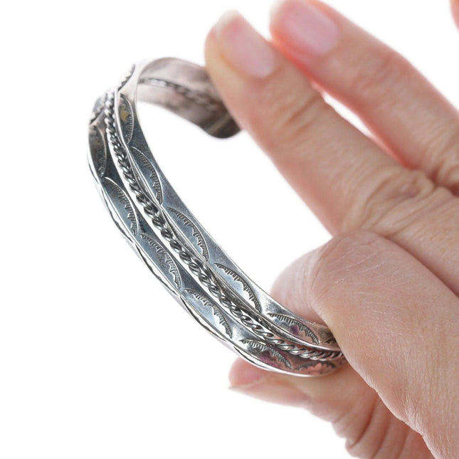 6.625" Vintage Navajo hand stamped silver twisted wire bracelet - Estate Fresh Austin