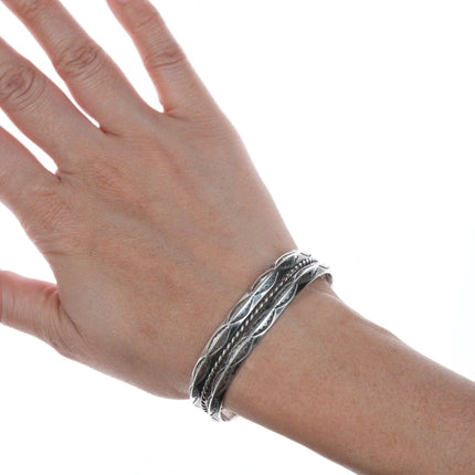 6.625" Vintage Navajo hand stamped silver twisted wire bracelet - Estate Fresh Austin