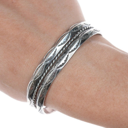 6.625" Vintage Navajo hand stamped silver twisted wire bracelet - Estate Fresh Austin